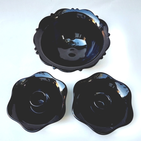 Black Amethyst Glass Footed Bowl & Candle Holders